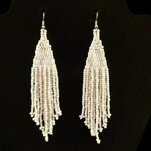 Long White Handmade Beaded Earrings.